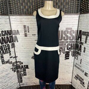 Dressbarn 10 Black Zip Back Vanilla Trim Round Neck Sleeveless Above Knee Dress